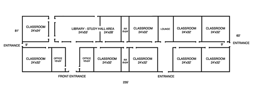 Diagram of a floor plan for a wing of a school campus building
